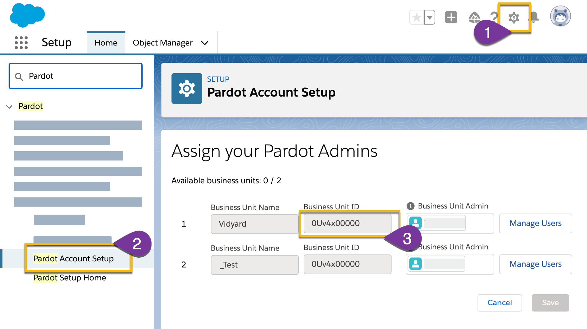 Copying a Business Units ID from Pardot Account Setup in Salesforce