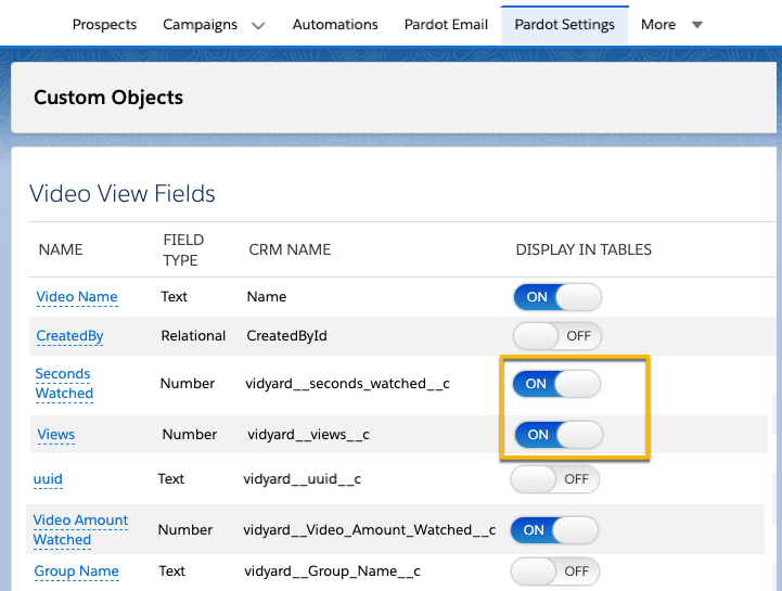 Toggling what fields from the custom object display in the Related Objects tab on prospect records