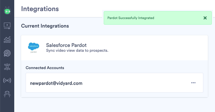 A success message appears in Vidyard when the connection with Pardot is complete