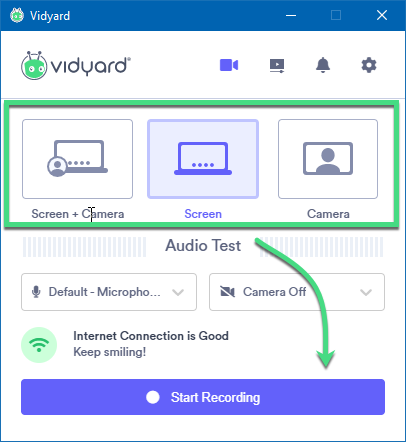 Vidyard desktop app window with focus on Screen and Camera recording options, arrow pointing to Start recording button