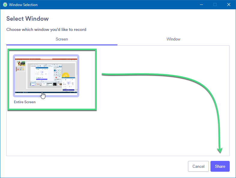 Vidyard desktop app window selection screen with focus on screen selection, arrow pointing to share button in bottom right