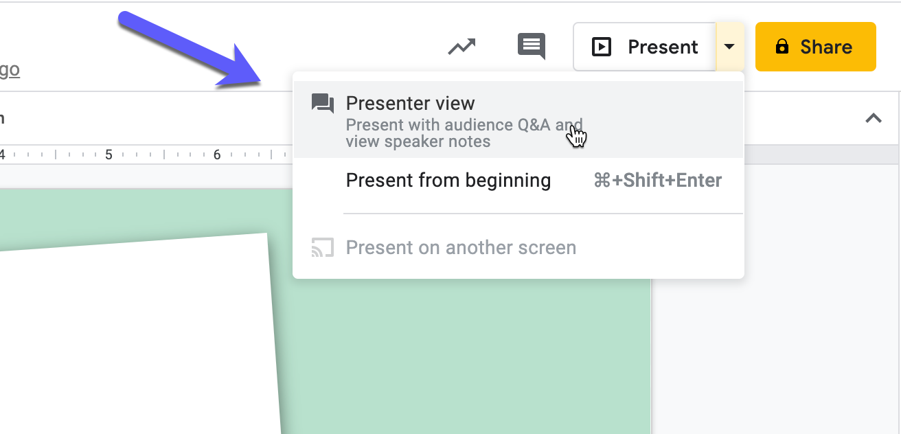 Arrow pointing to presenter view button in dropdown menu next to Present