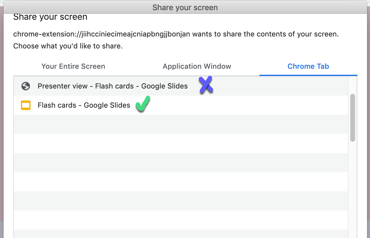Selecting the correct browser tab to capture your Google Slides presentation in the recording