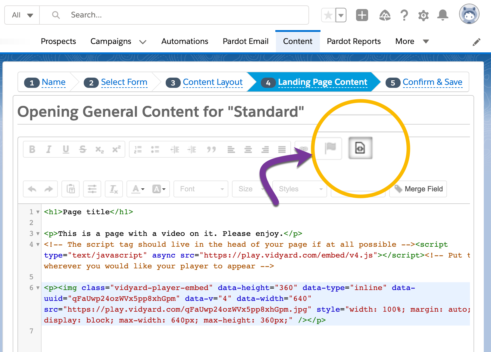 Pasting the embed code for your video into the page source