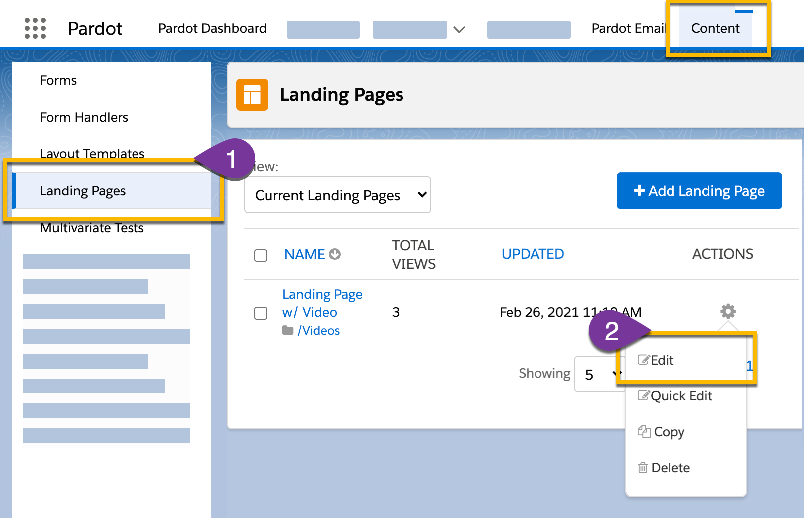 Creating a new Pardot landing page or editing an existing one