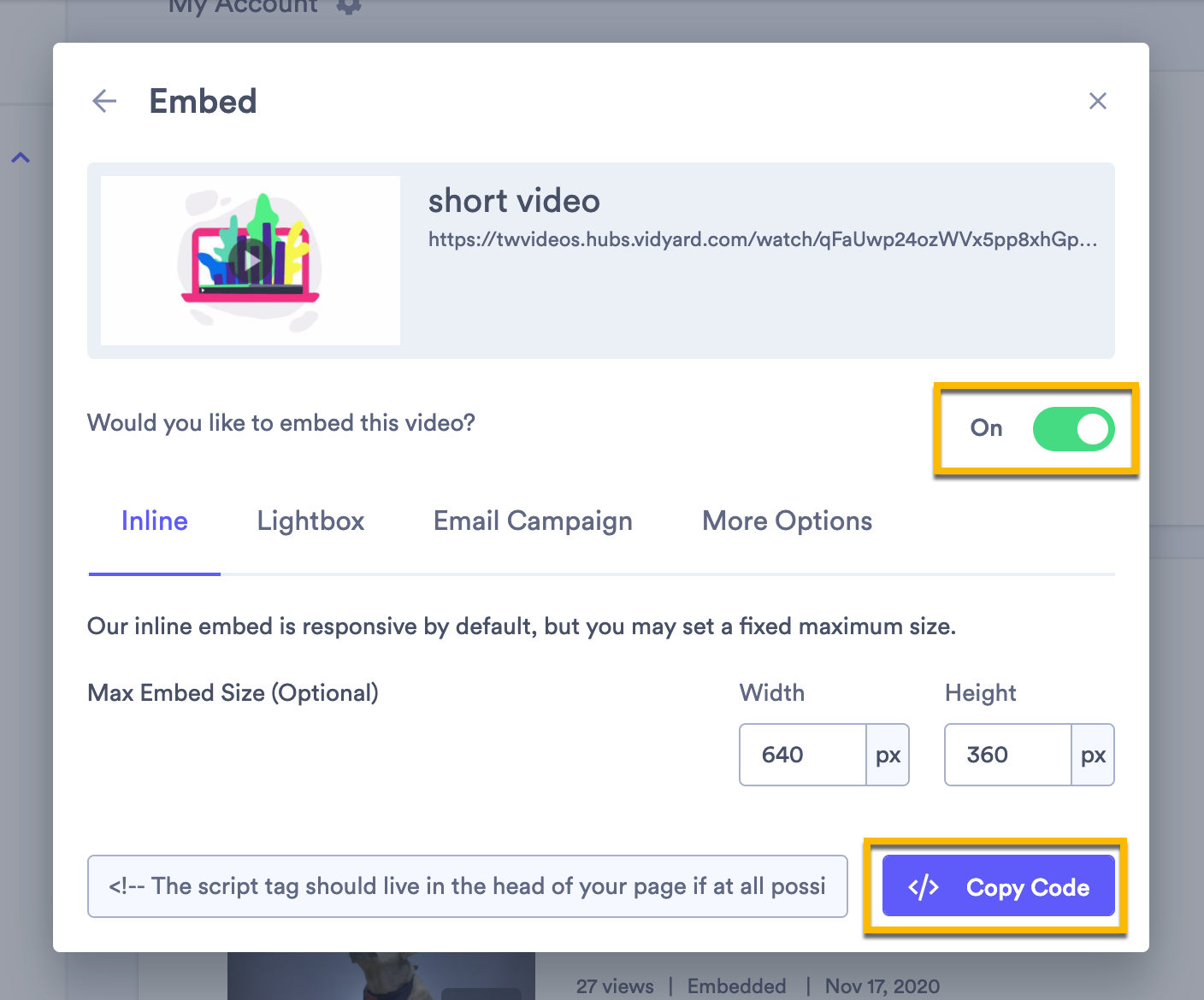 Copying the embed code for a video in your Vidyard library