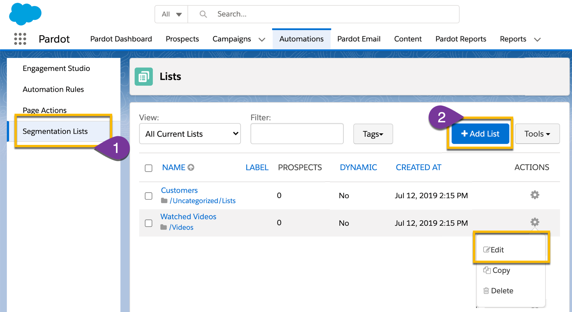 Selecting the New List button in the Pardot Lighting App to create a new segmentation list