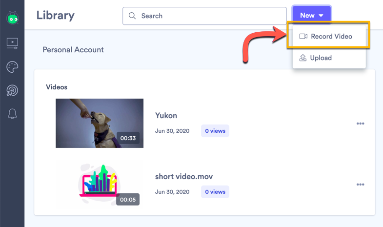 Selecting the Record Video button from the Vidyard library