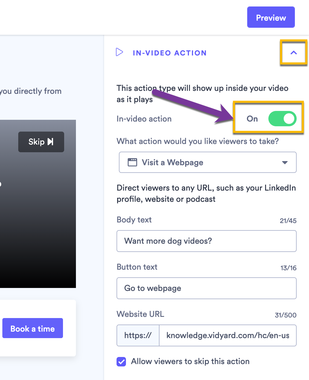 Actions settings menu showing toggle set to on, and fillable text fields