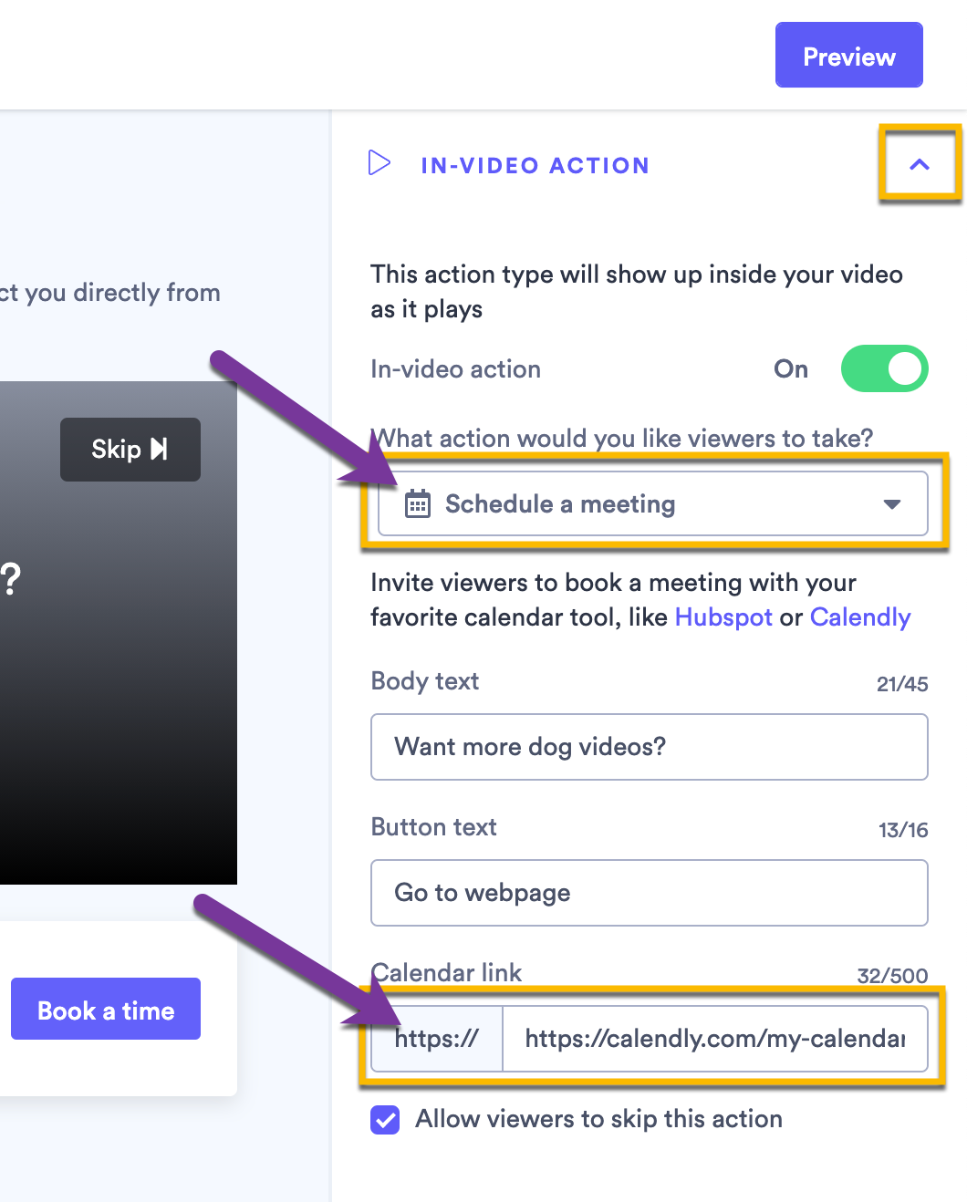 Actions settings menu with Schedule a meeting selected from dropdown, focus on Calendar link field