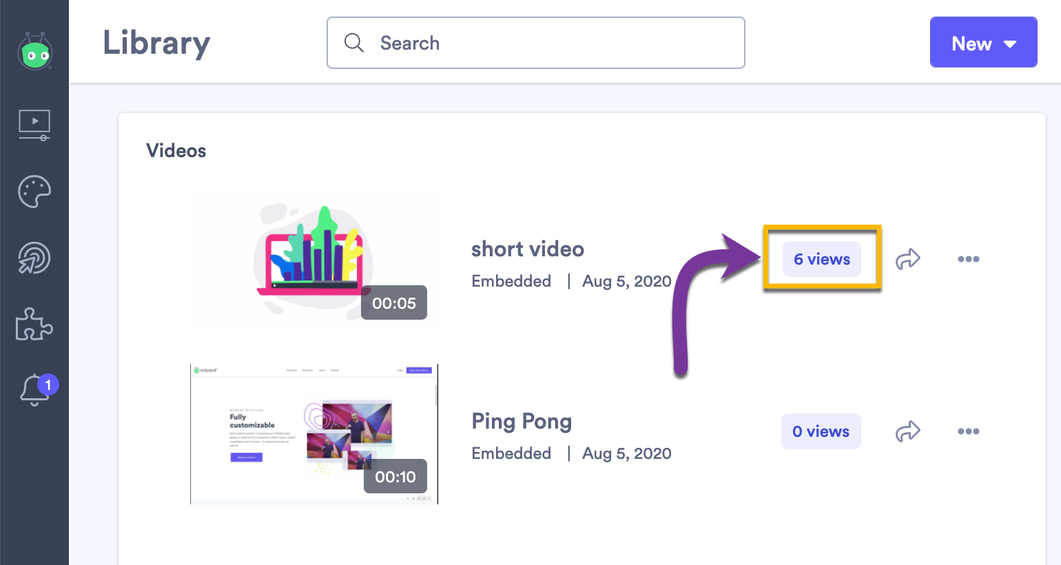 Vidyard library with focus on view badge next to video in list