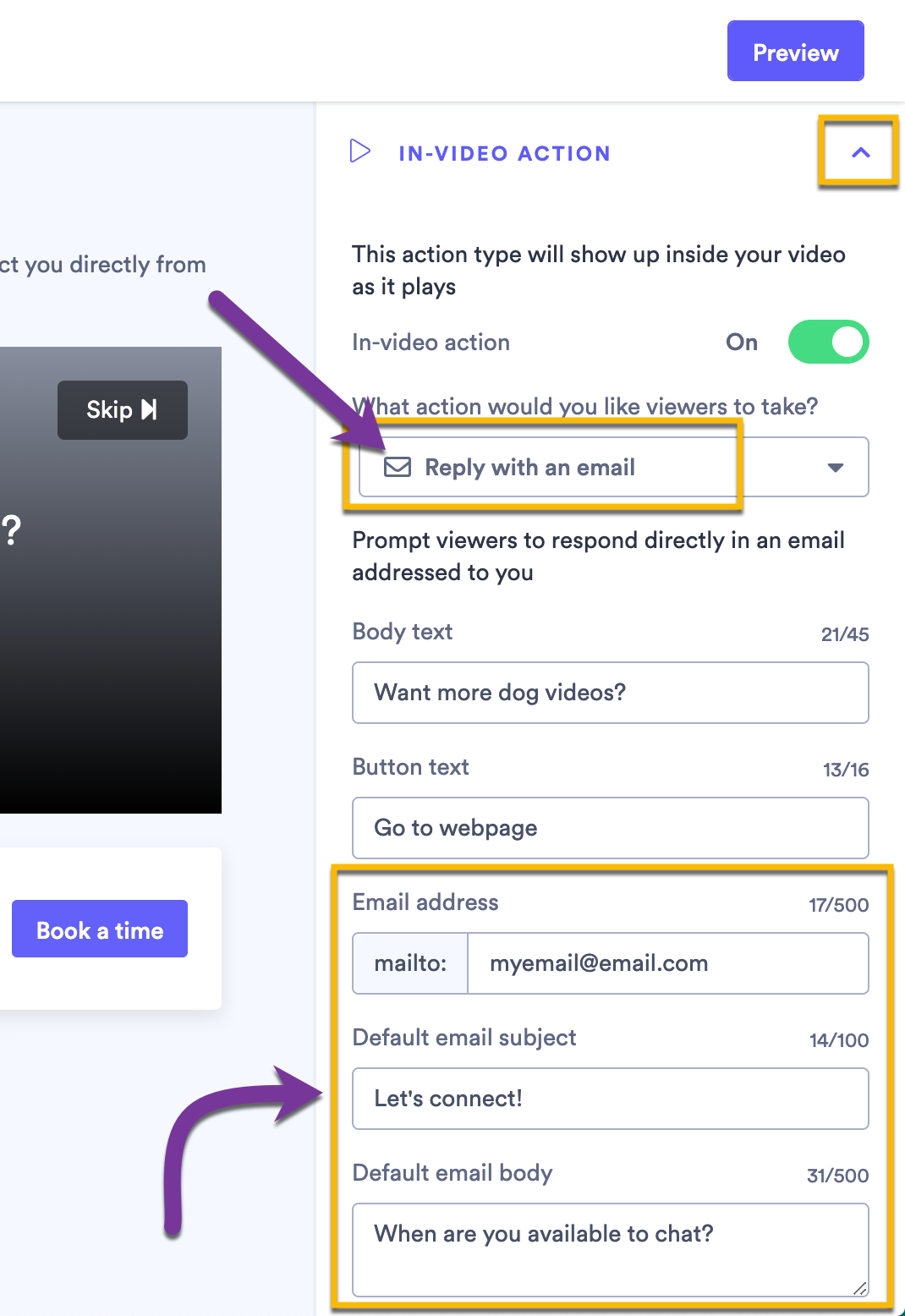 Actions settings menu with Reply with an email selected from dropdown, focus on email customization options