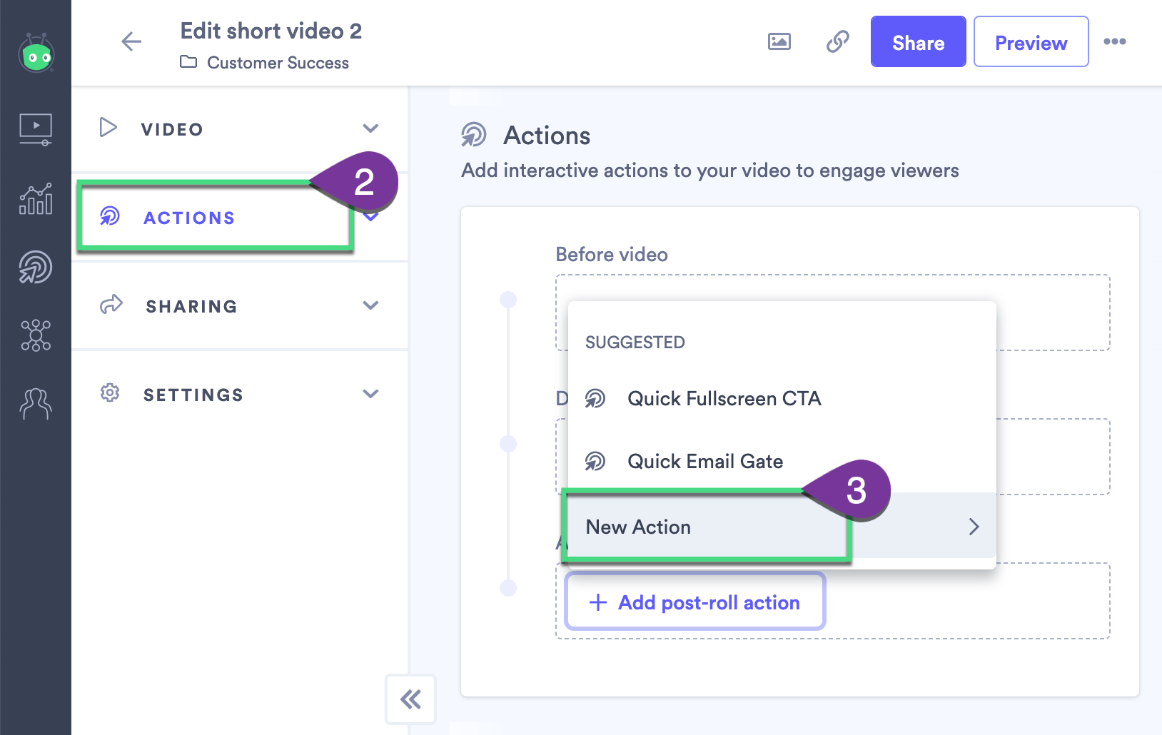 Actions section in video showing how to add a new Quick Action