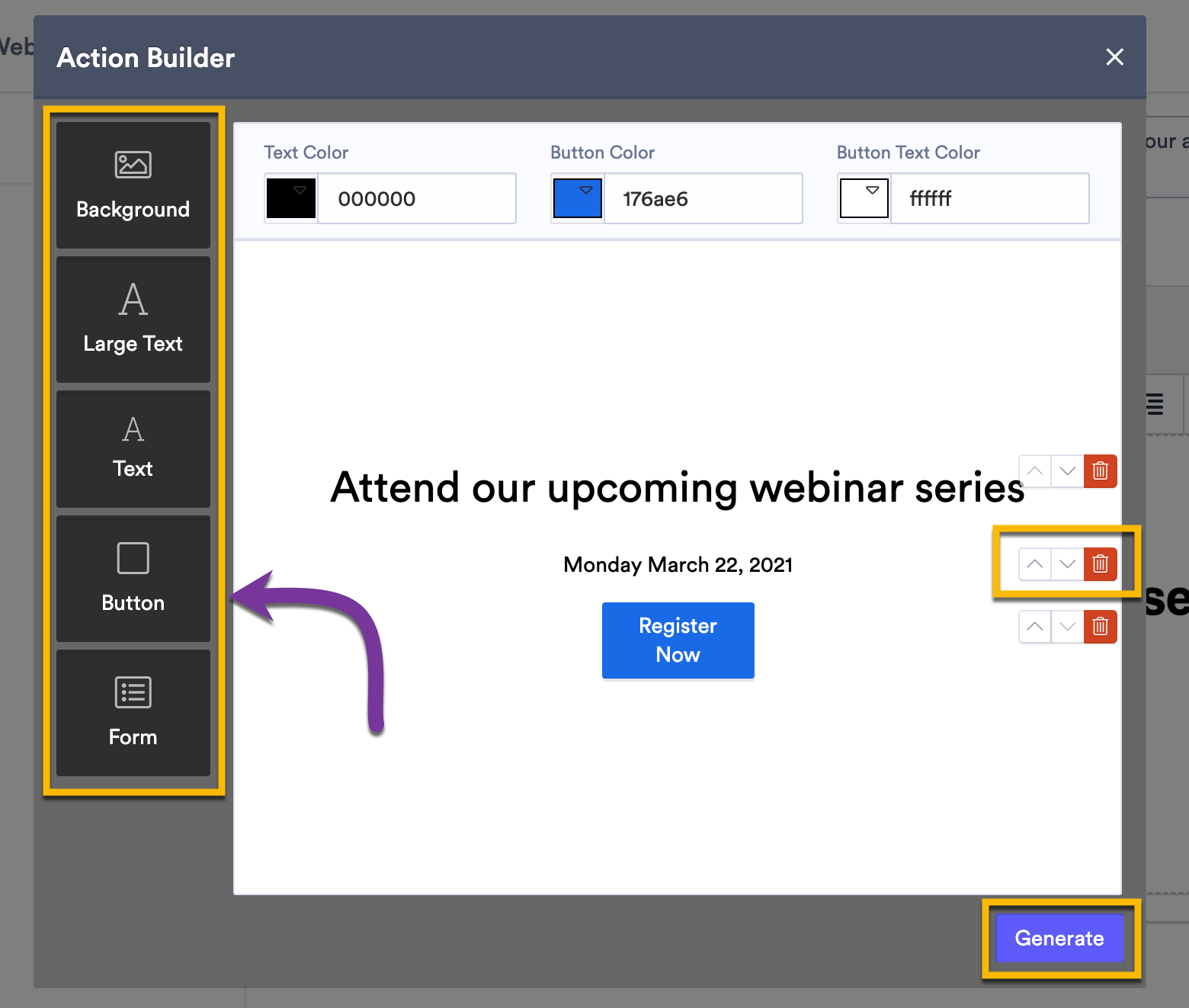 Using the Action Builder to add text, buttons, images or form fields to your custom action