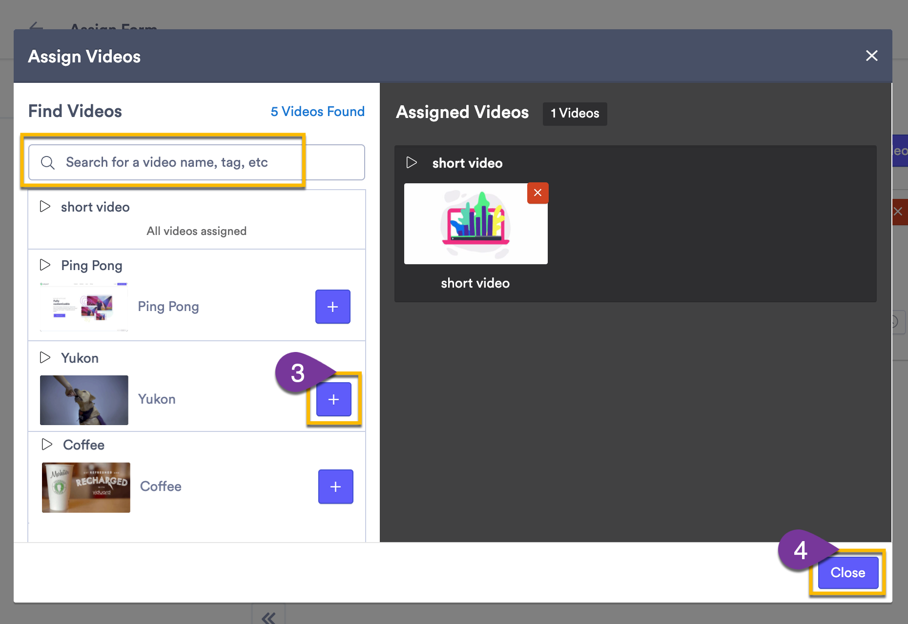 Selecting videos from the folder to assign the Action to