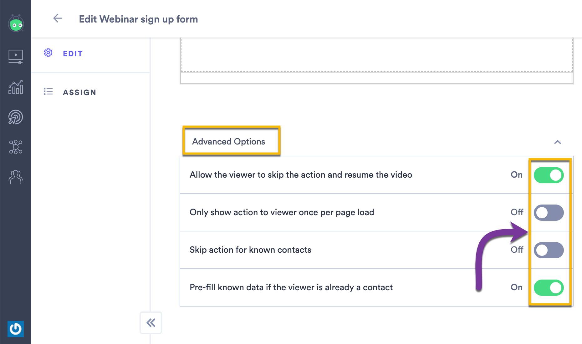 Using the settings in the Advanced Options menu to adjust the behavior of your custom action, like whether the viewer can choose to skip it