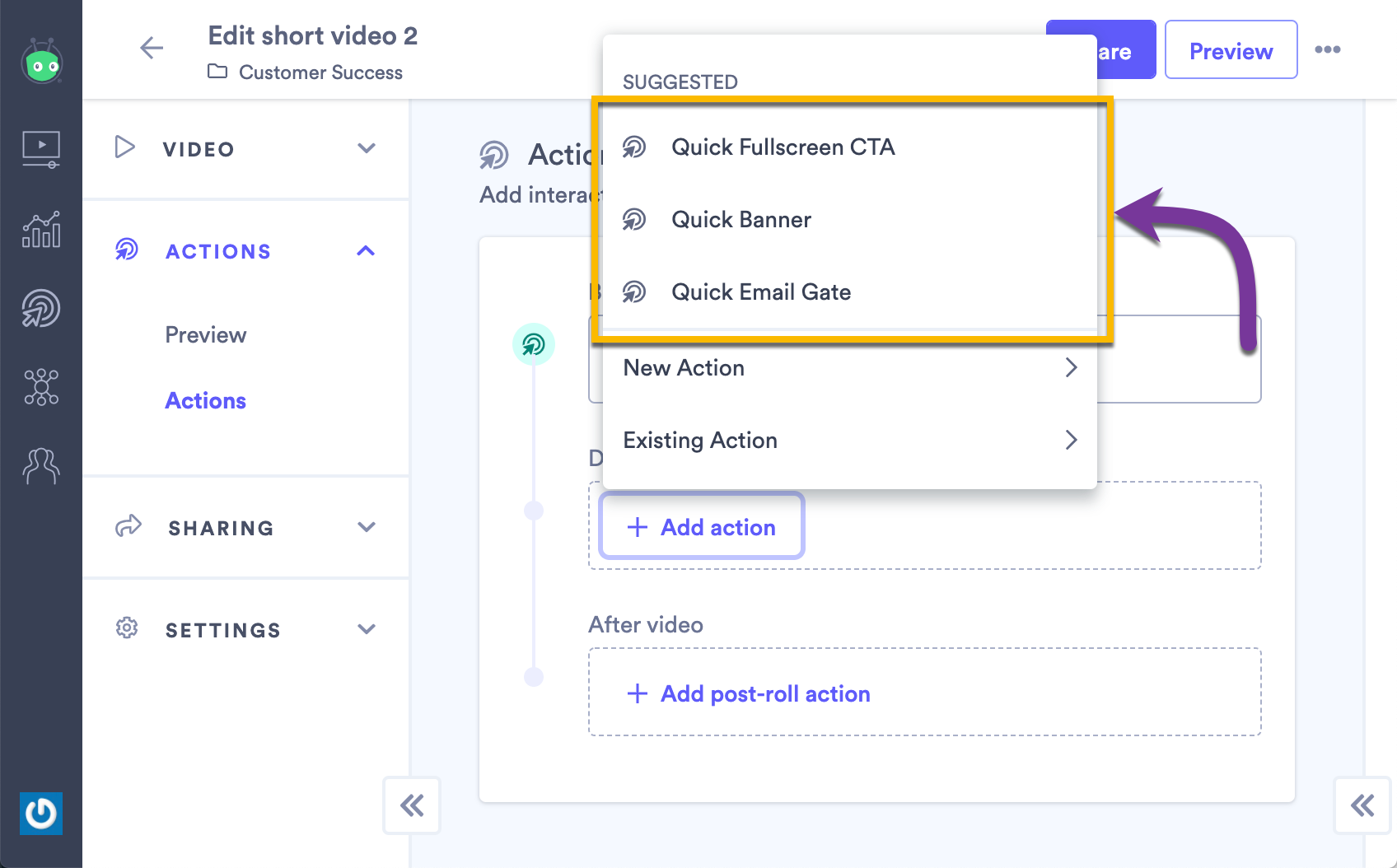 Locating the 3 different types of Quick Actions when you want to add a new action to a video: fullscreen CTA, Banner, and Email Gate