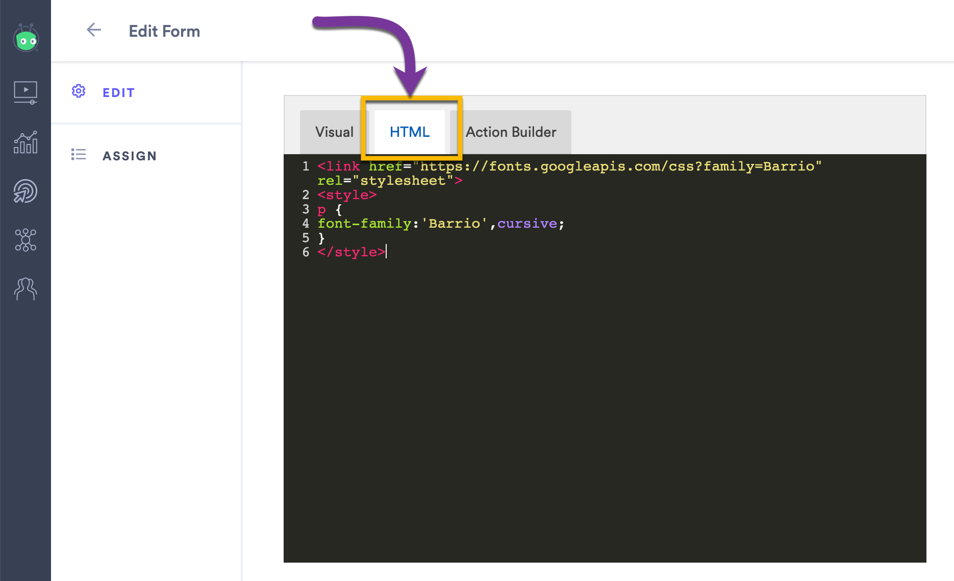 Opening the HTML editor to add references to an external font family stylesheet