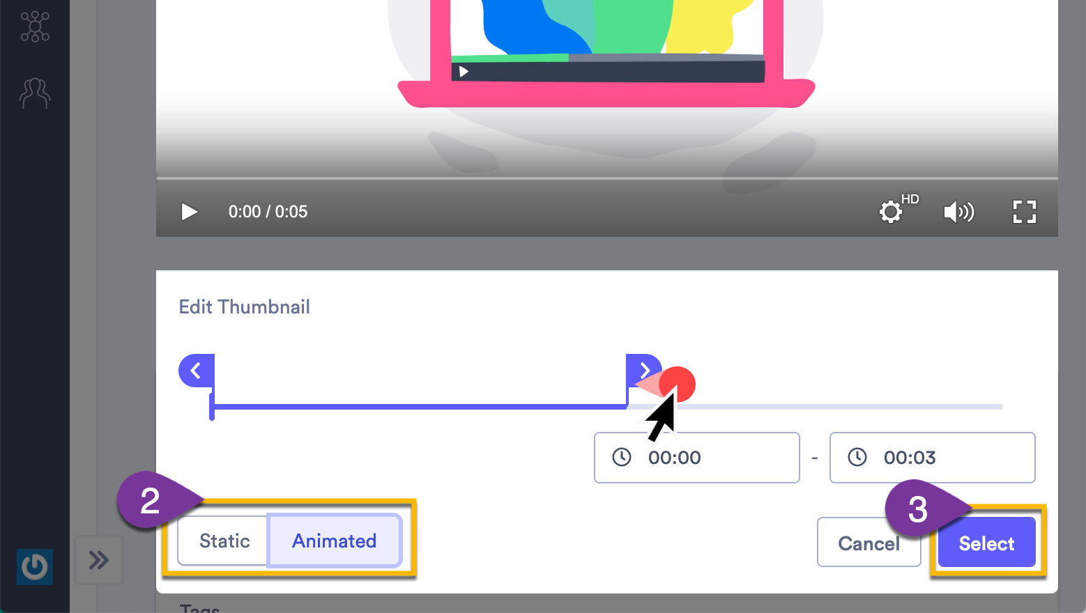 Selecting a thumbnail image from the video timeline