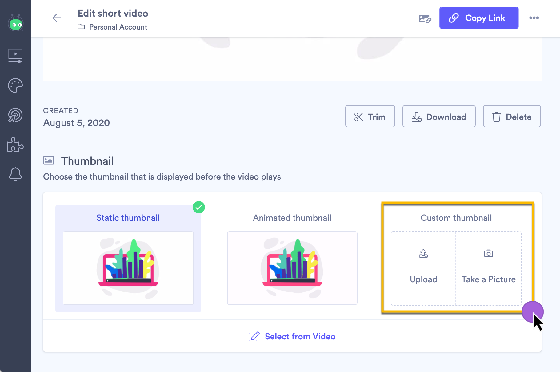 Choosing the Upload or Take a picture options to add a custom thumbnail