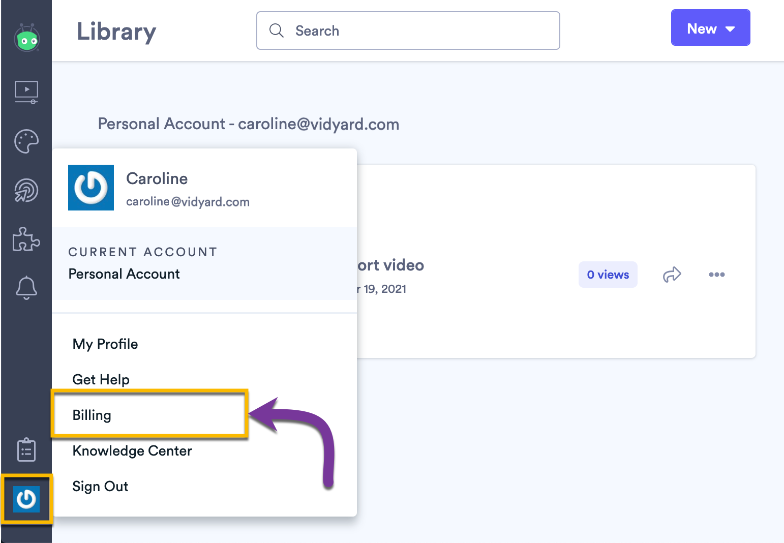 Opening the Billing page from the My Profile menu in your account