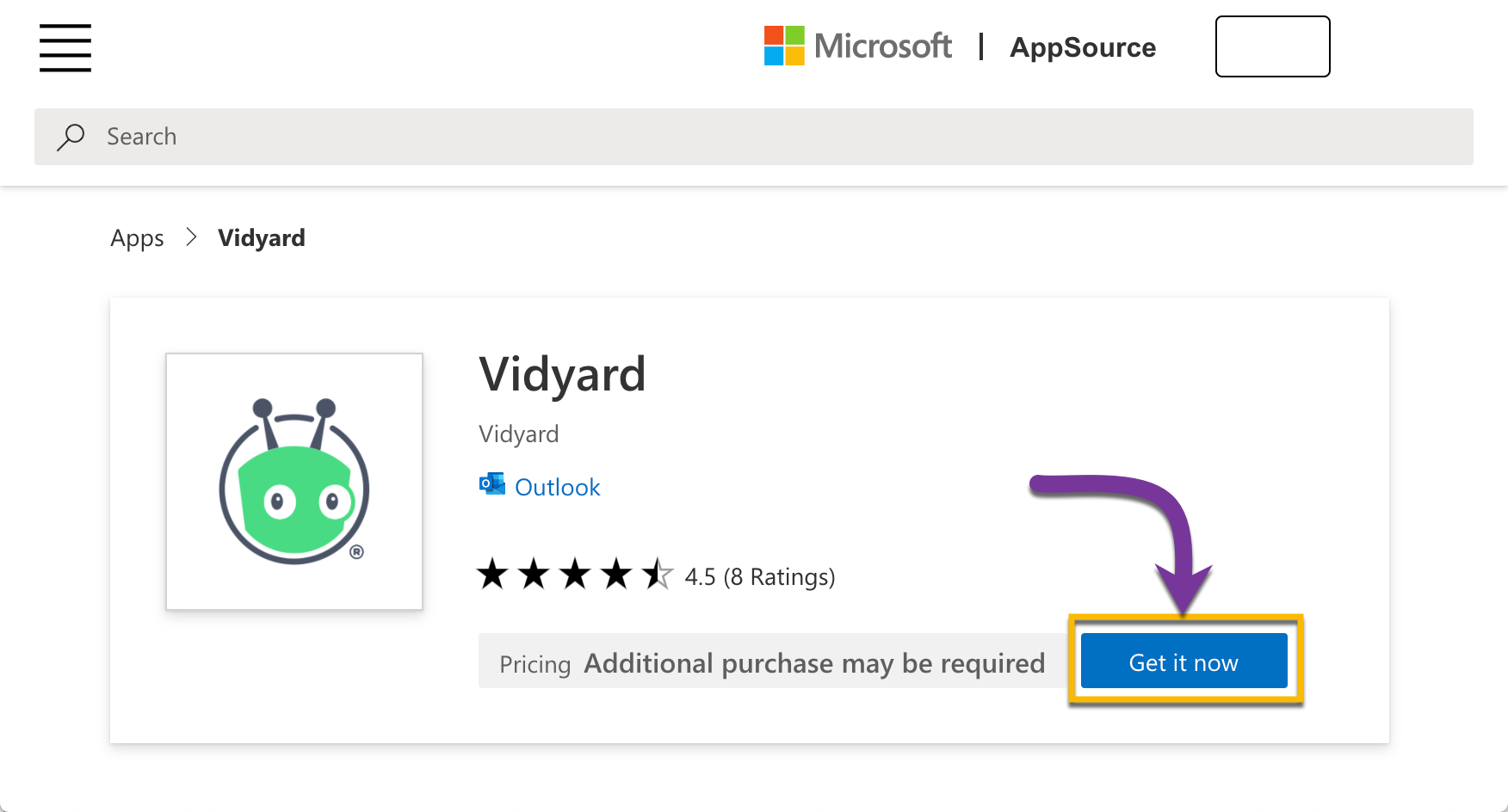 Adding the Vidyard add-in to your account from the Microsoft app store