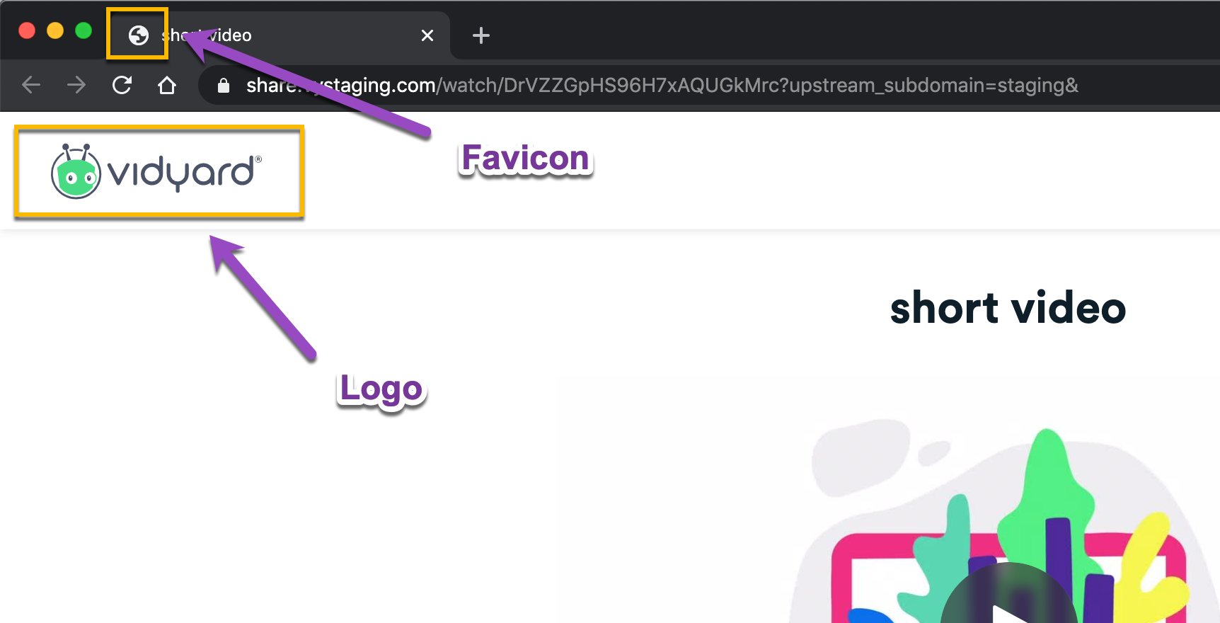Webpage showing Vidyard logo and tab favicon on Sharing Page