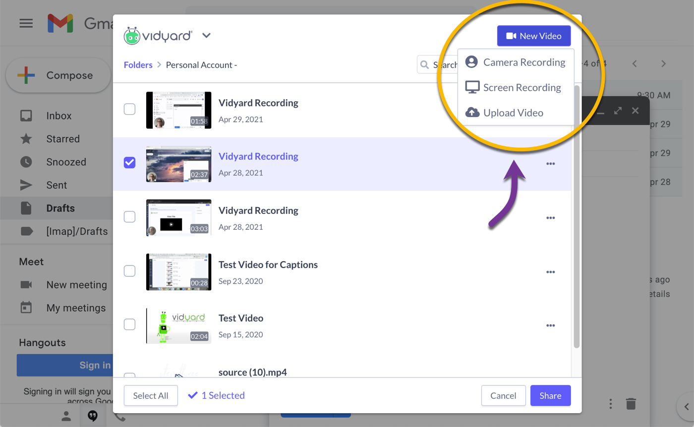 Recording options selection within Vidyard add-in, camera recording, screen recording, and upload