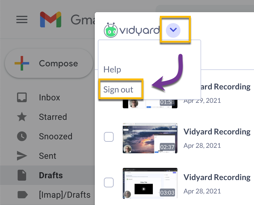 Vidyard add-in dropdown menu with focus on sign out option
