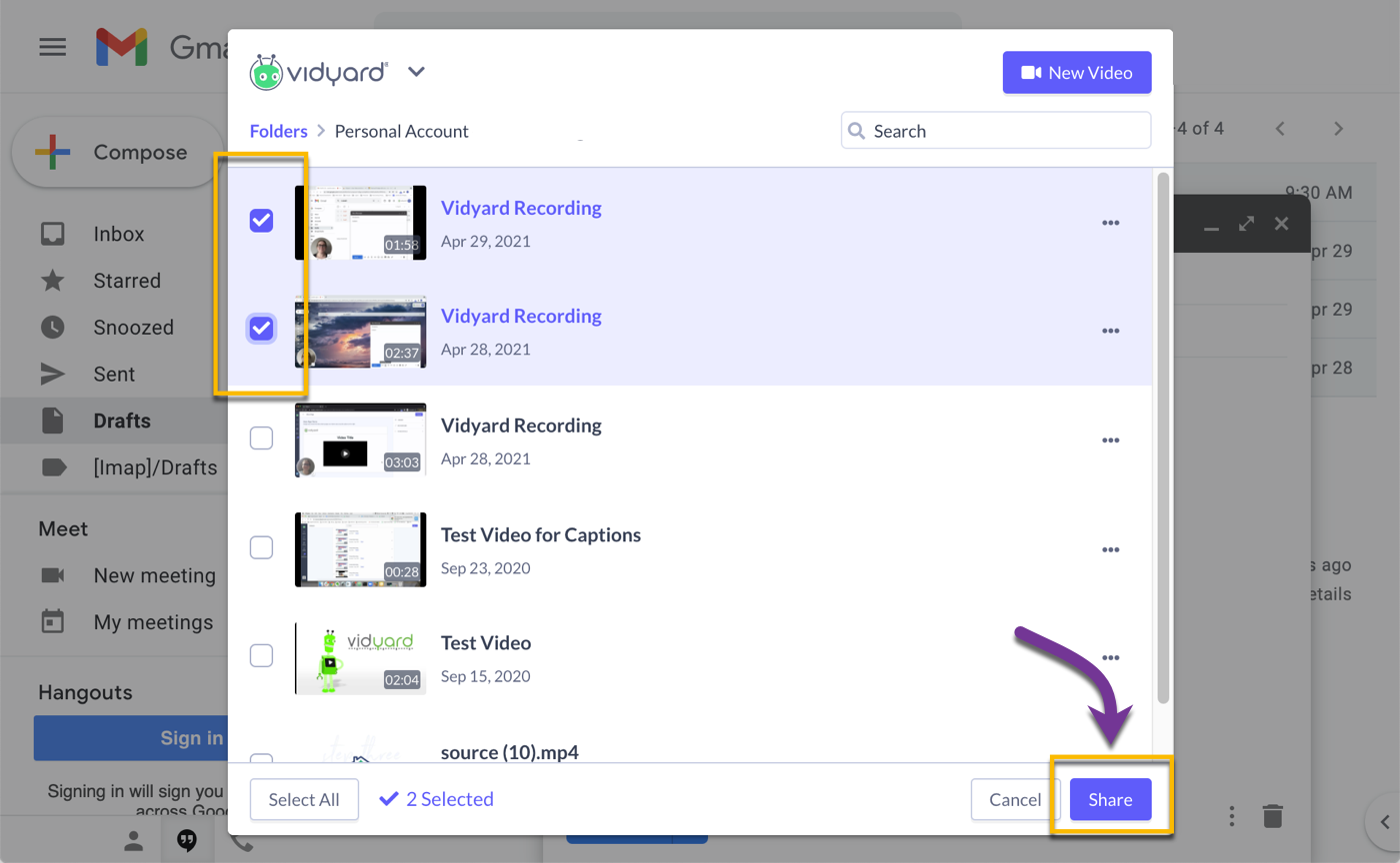 Vidyard add-in with several videos selected, focus on insert button to add video to email