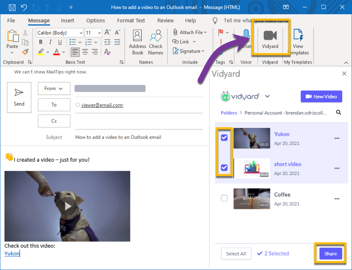 On the Outlook desktop app, opening your Vidyard library then selecting 1 or more videos to share in an email