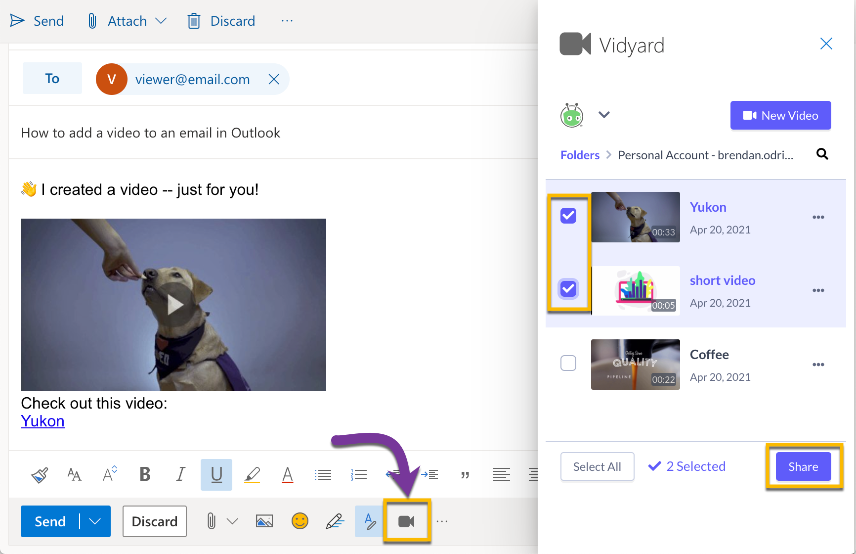 On the Outlook web app, opening your Vidyard library then selecting 1 or more videos to share in an email