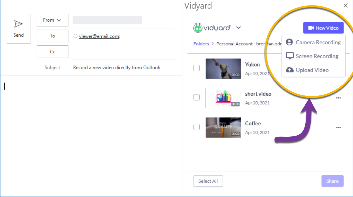 Opening the New Video menu to record or upload a video to share