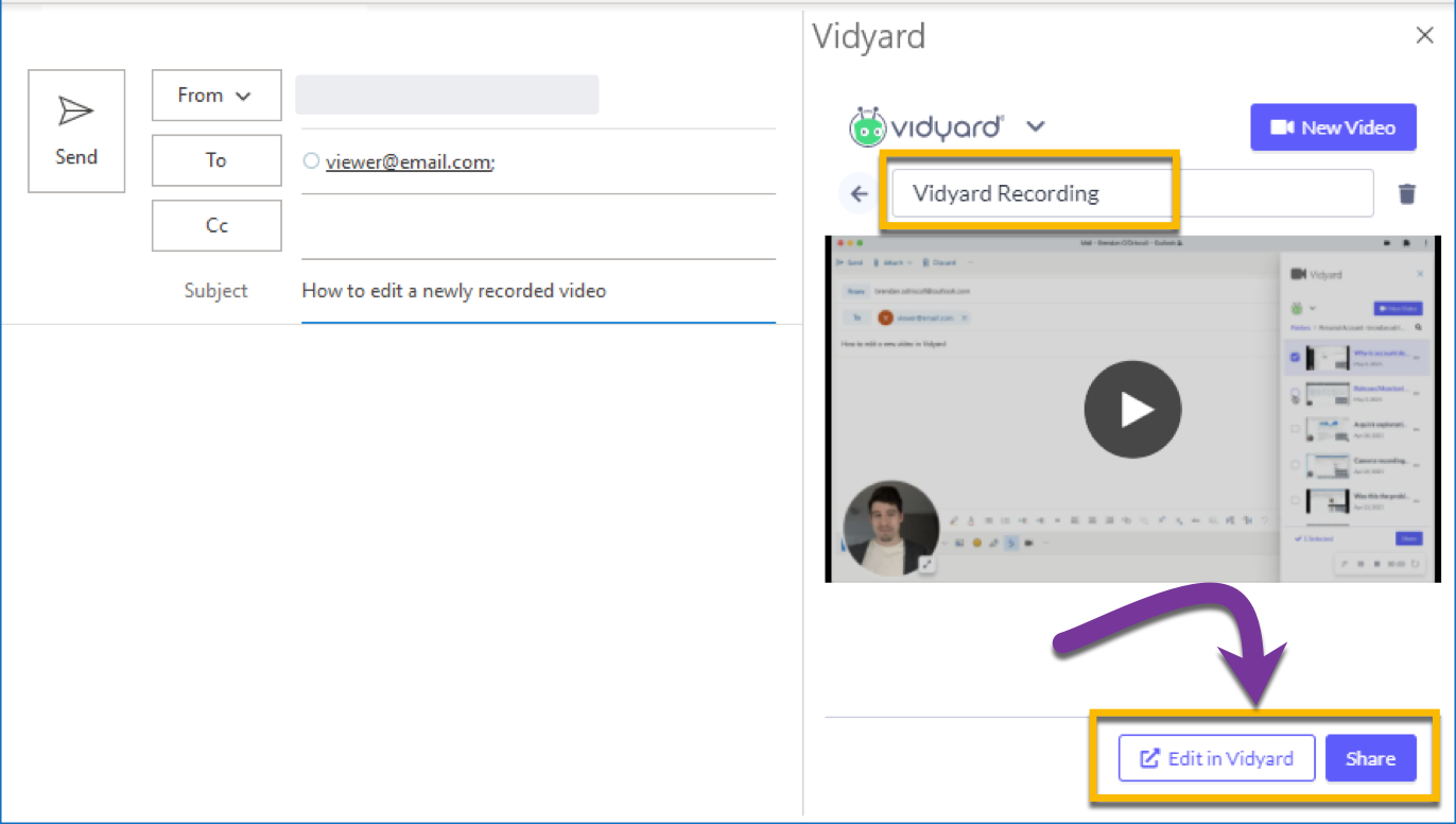 Giving your newly recored video a title; option to select Edit in Vidyard to make changes before sharing
