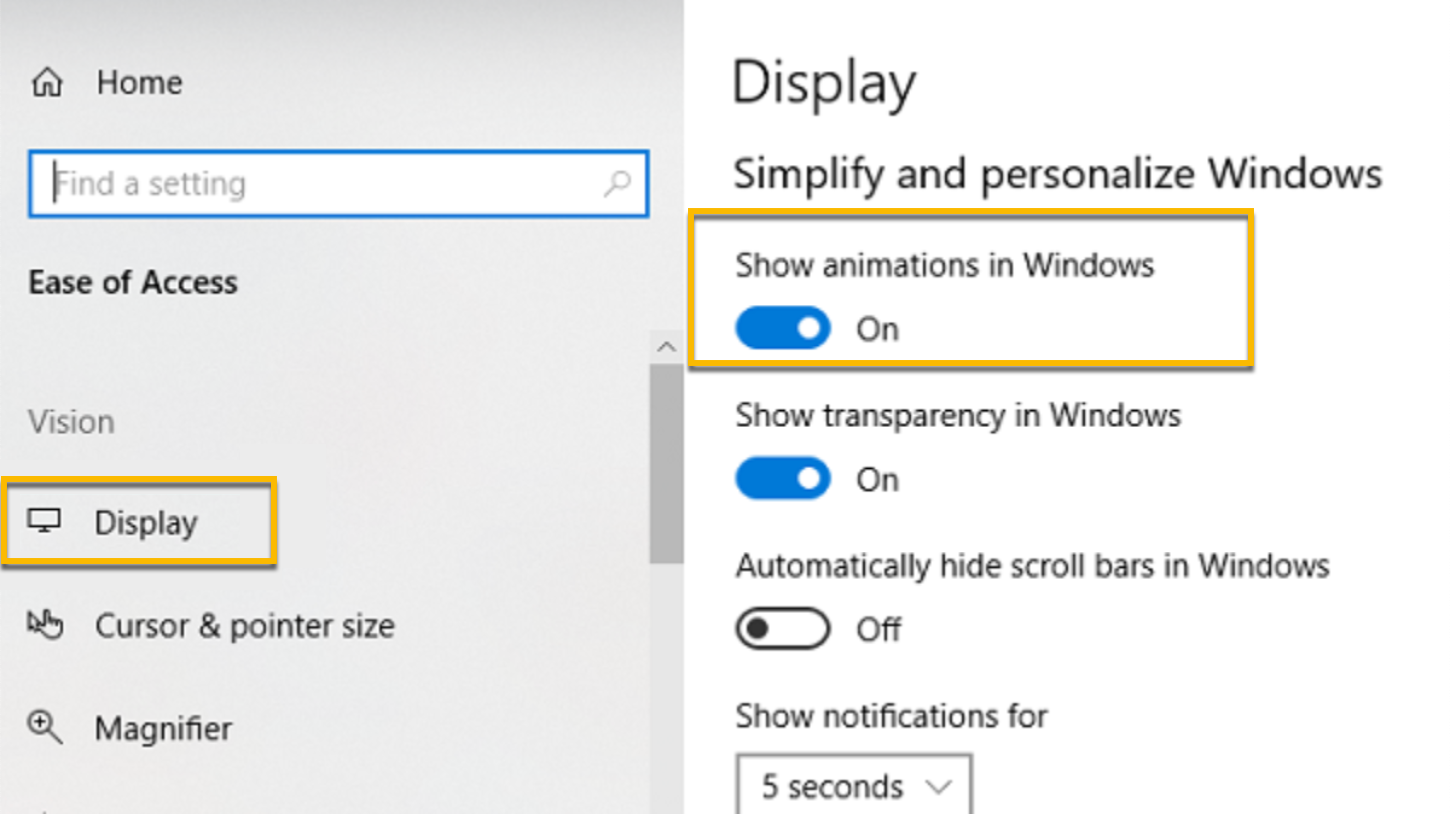 Display section in Windows 10 settings, showing how to enable animations for GIF thumbnails