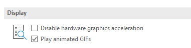 Display section in the Outlook desktop program's Settings, showing how to enable GIFs