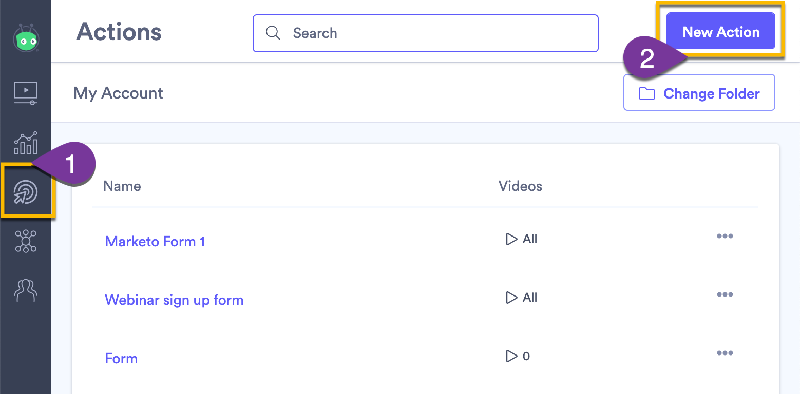 Creating a new Action in order to add your Marketo form to Vidyard