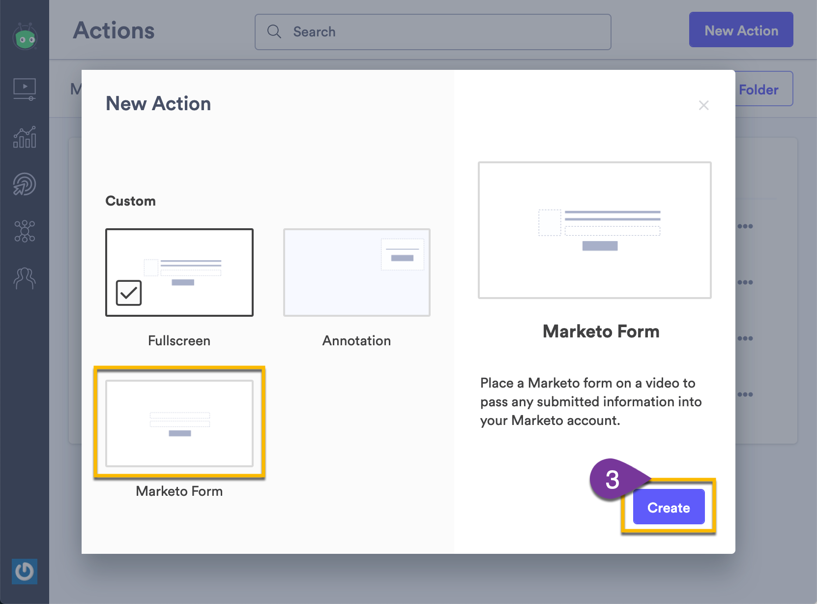 Selecting the option to create a Marketo form from the New Action menu
