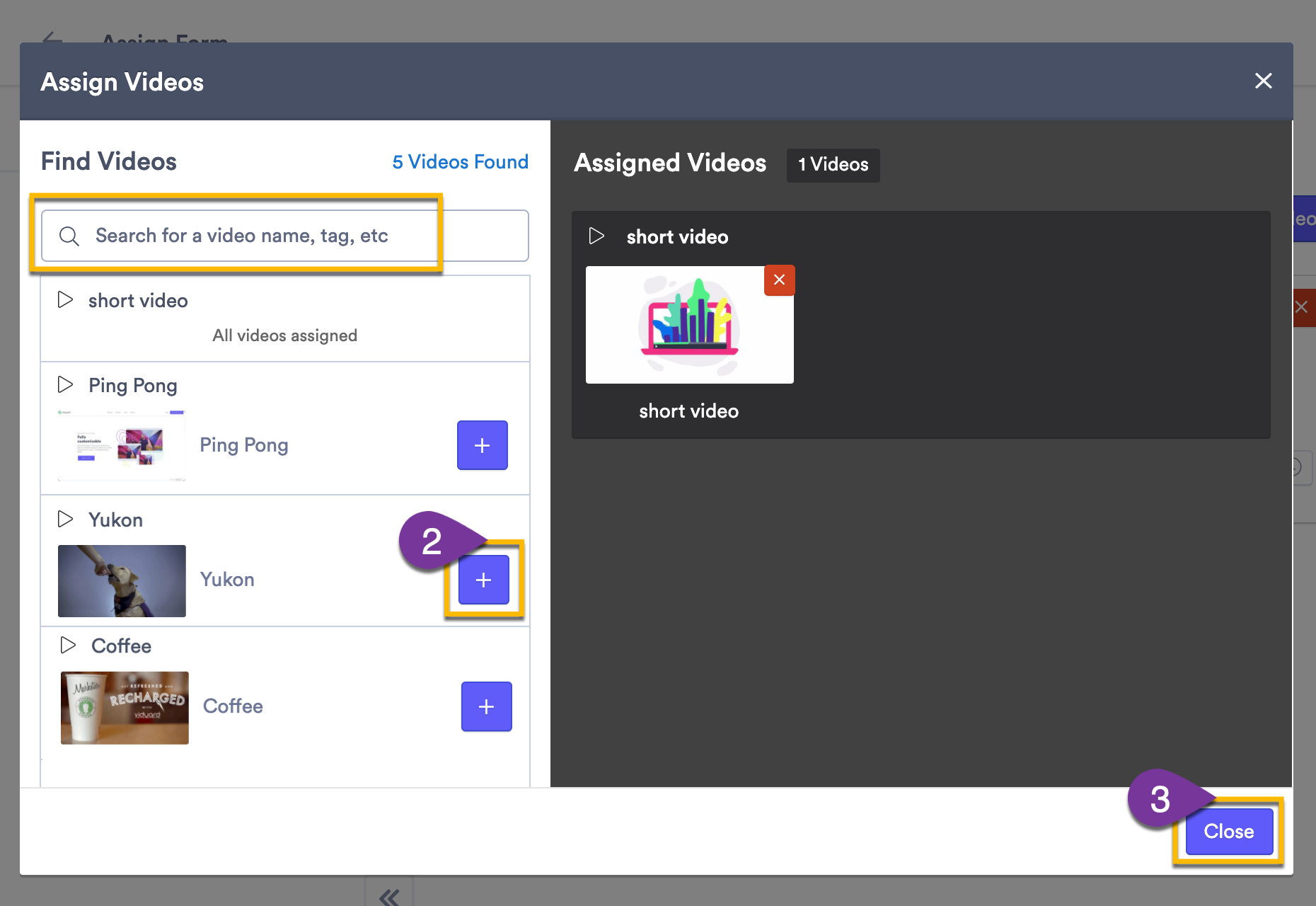 Selecting videos from the folder to assign your Marketo form to