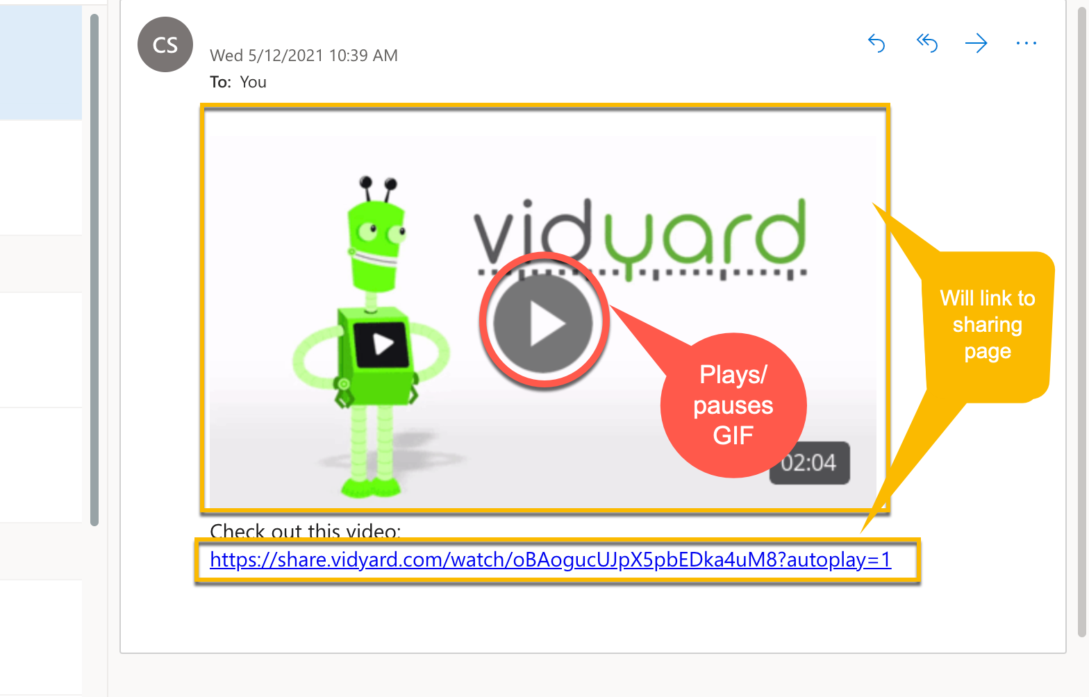 Outlook compose window with Vidyard video showing which parts of thumbnail will link to sharing page