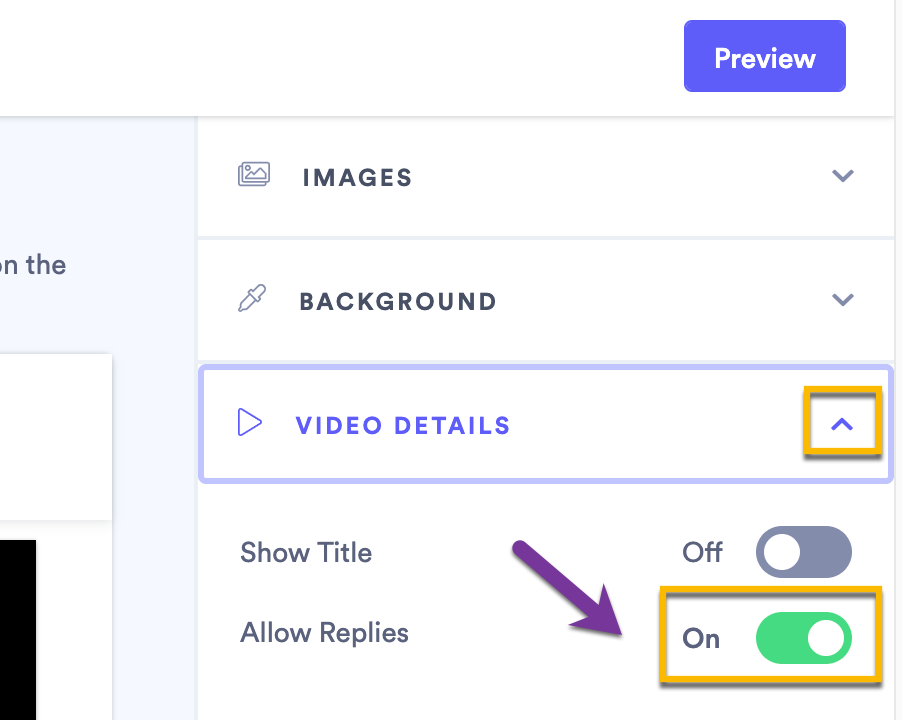 Vidyard sharing page Video Details section with Allow Replies toggle turned to On position