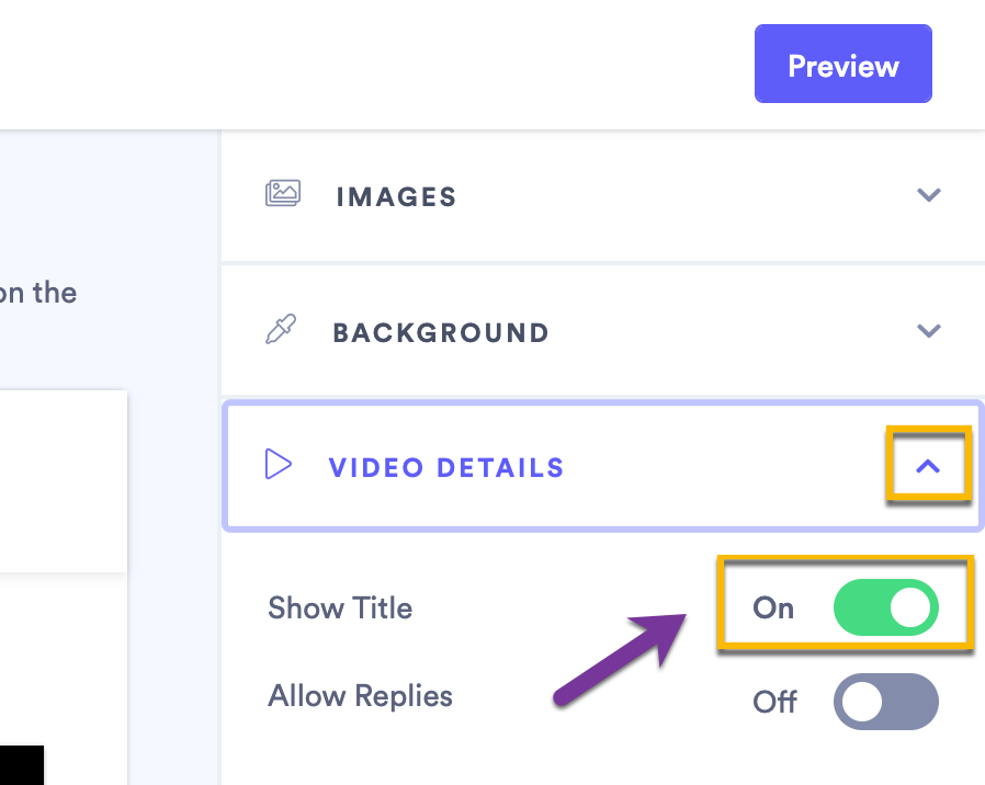 Vidyard sharing page Video Details section with Show Title toggle turned to On position