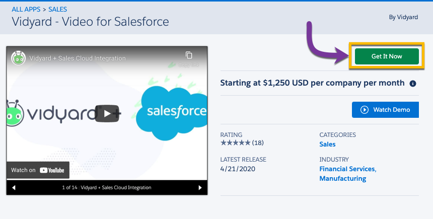 Selecting the Get It Now button from the Vidyard listing on Salesforce's AppExchange