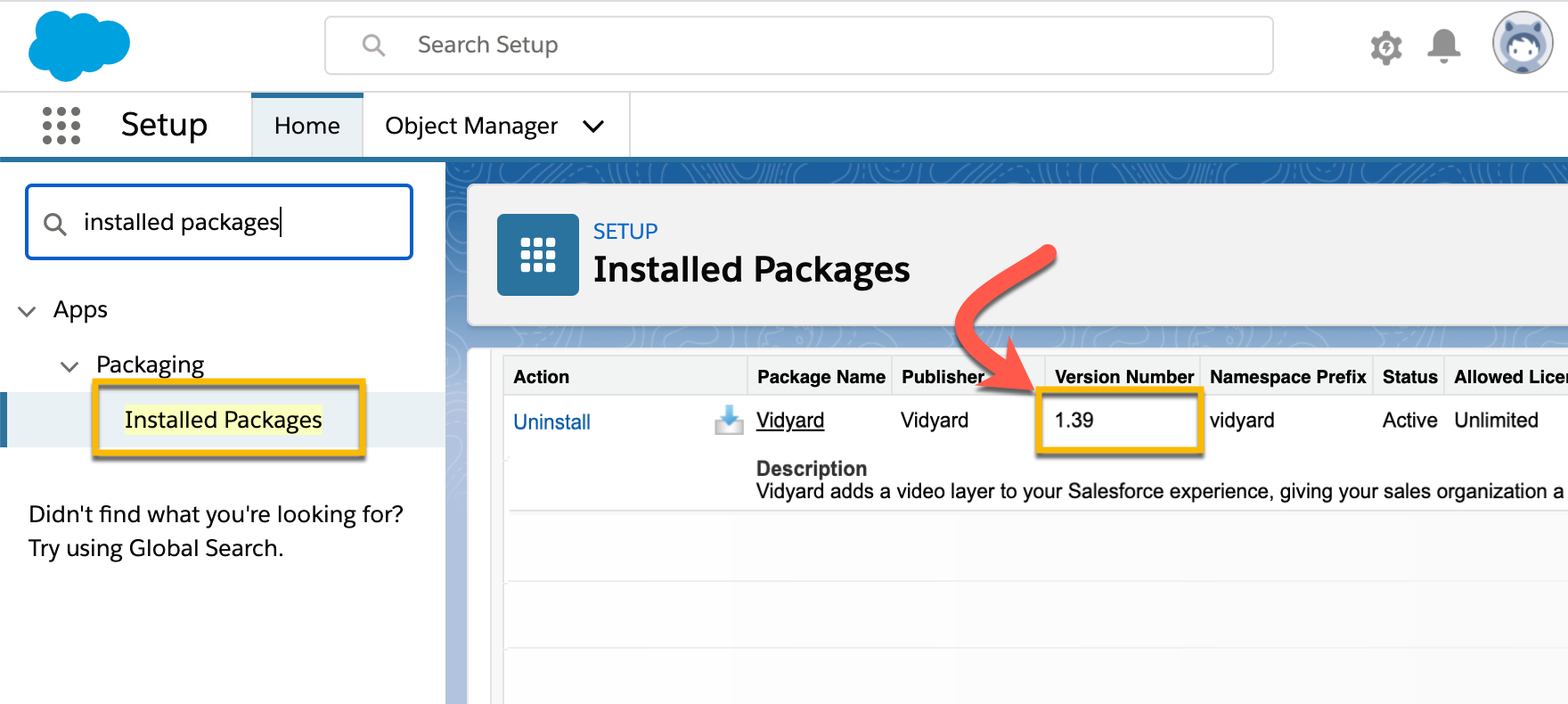 Going to Installed Packages information in Salesforce Setup