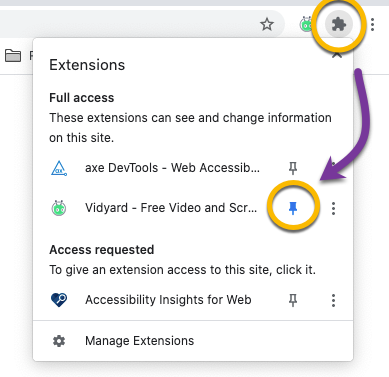 Chrome extensions menu showing how to pin Vidyard extension