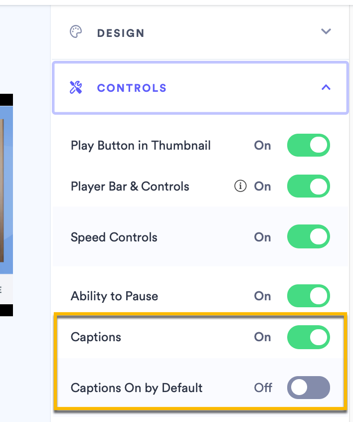 Controls section of player design settings with options at the end of the list to enable captions, and captions by default