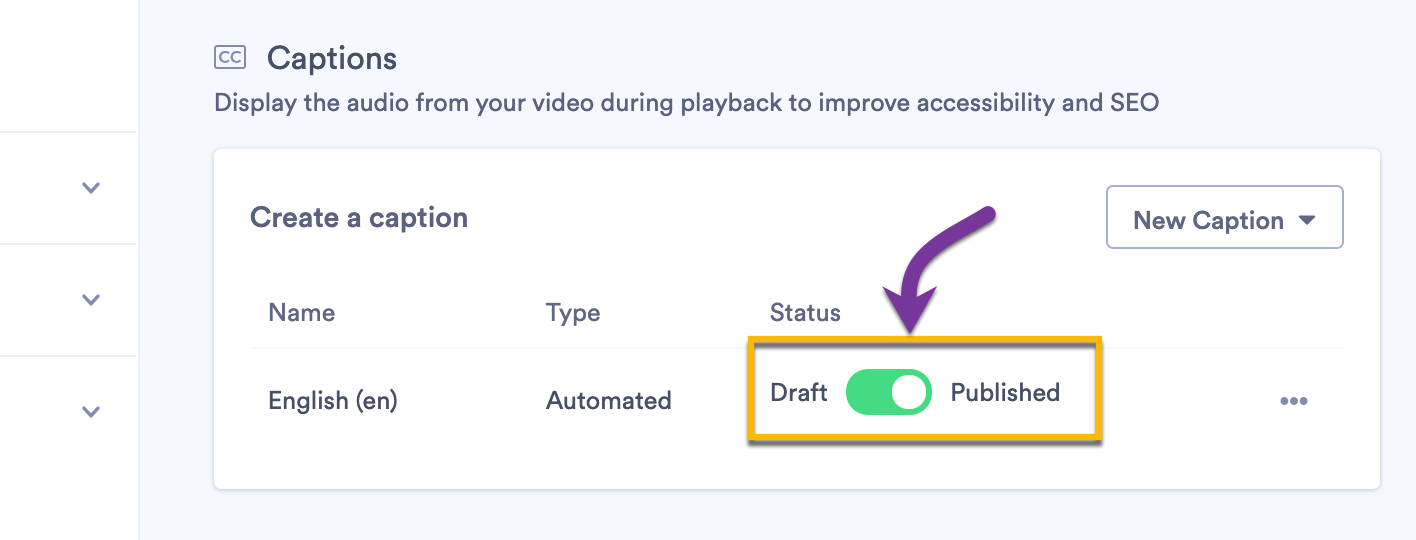 Video edit page with english caption toggle set to published