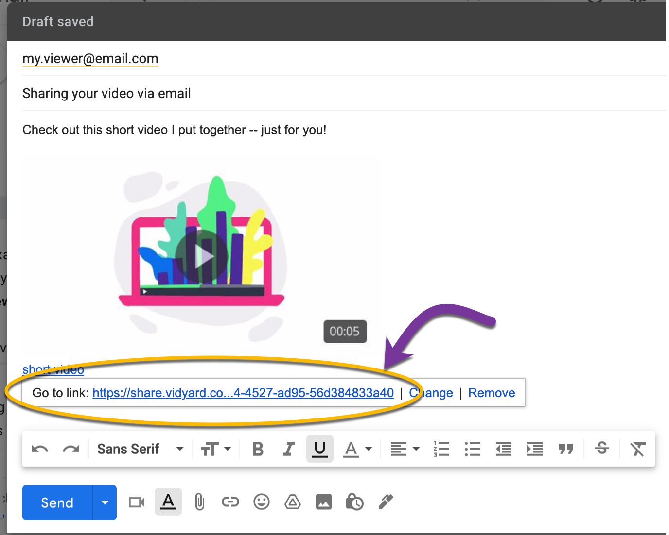 Your video when added to an email, highlighting how you can see the tracking token appending to the sharing link URL