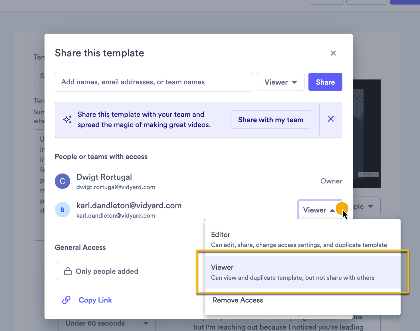 Changing a user's role from the dropdown menu on a template's share modal