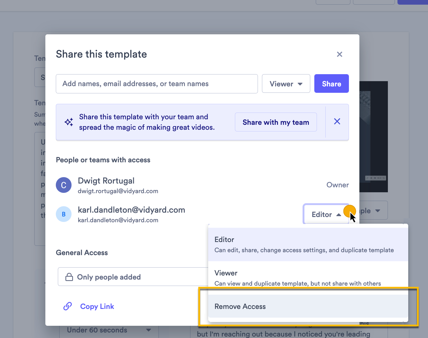 User's access being removed from the role dropdown in a template's share modal